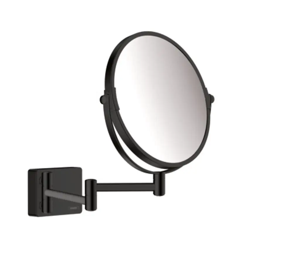 Rasierspiegel mit mattschwarzem Finish, an einer Wandhalterung montiert. Das Design ist funktional und eignet sich für Badezimmeranwendungen. Hergestellt von Hansgrohe.